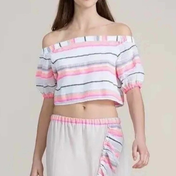 Lemlem by Liya Kebede Cotton Gauze Striped Off Shoulder Crop Top Size Medium - Picture 4 of 10